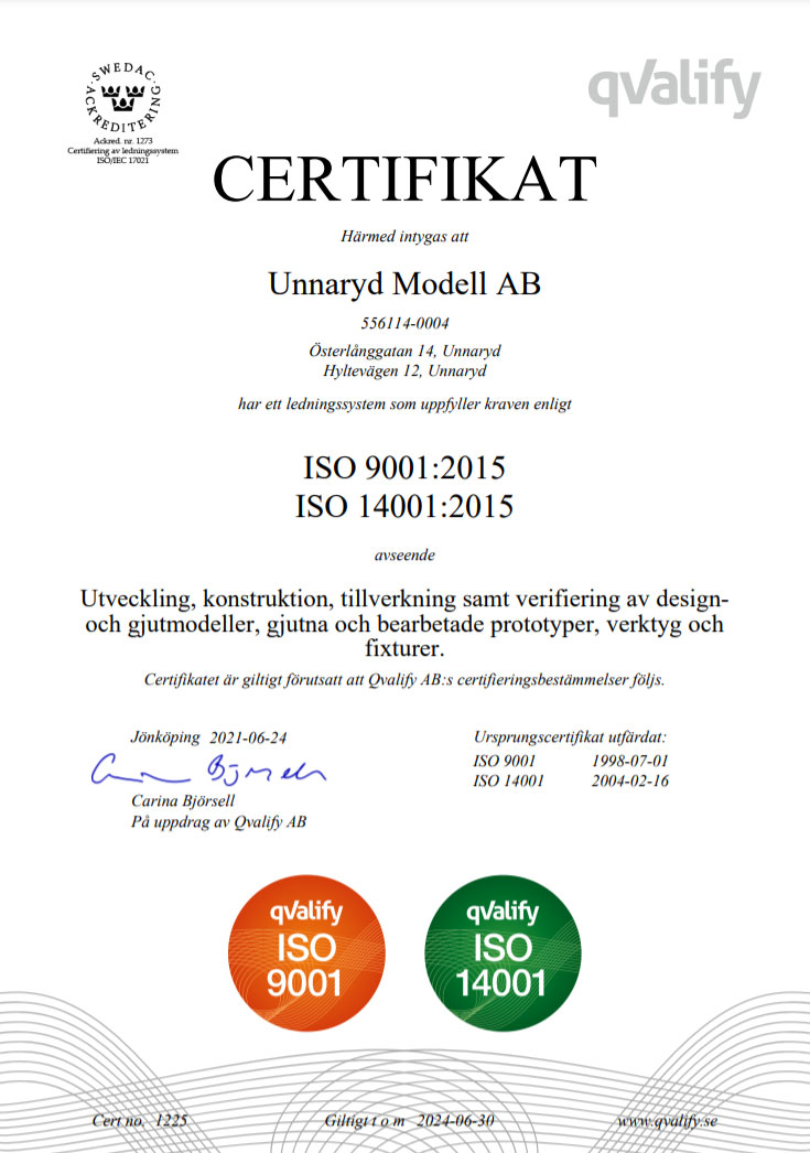 Unnaryd Modells Certifikat på svenska ISO9001:2015 och 14001:2015