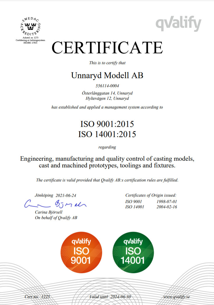 Unnaryd Modells Certifikat på engelska ISO9001:2015 och 14001:2015